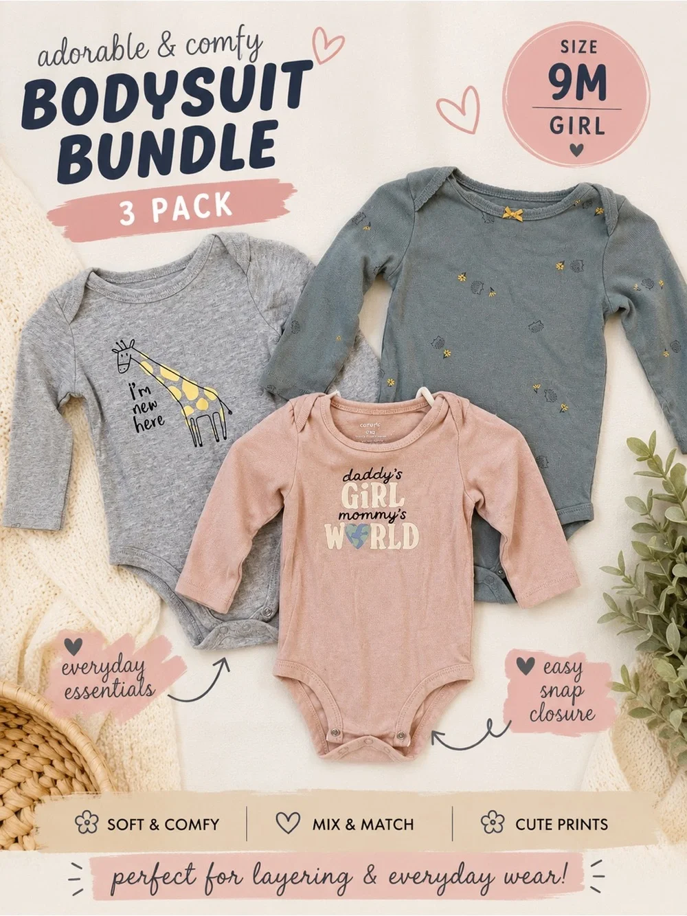 Baby Girl 9M Long Sleeve Bodysuit Lot of 3 Carters Baby Essentials